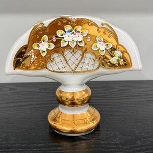 Vintage Bohemian crystal glass Rococo napkin holder with hand painted flowers